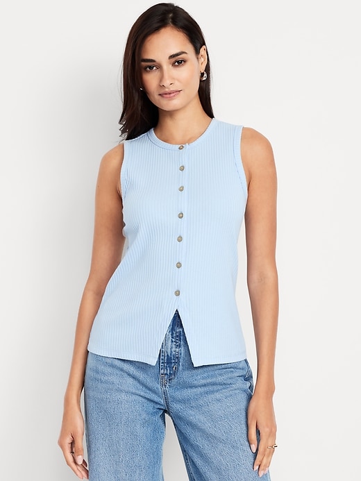 Image number 1 showing, Sleeveless Button-Down Ribbed Top