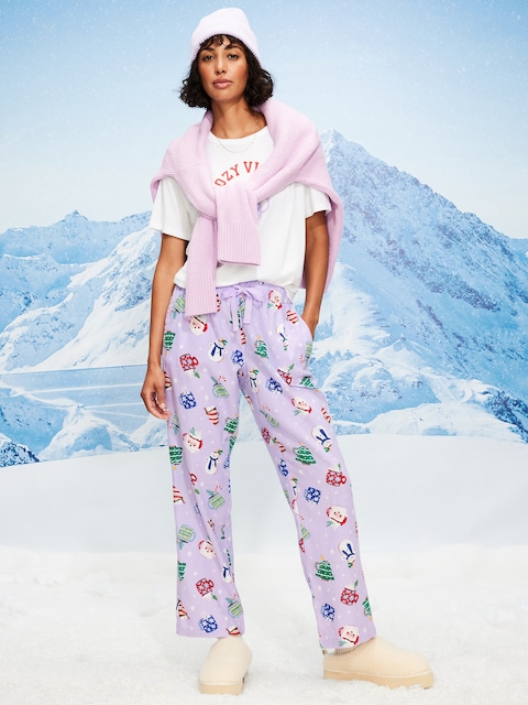 Mid-Rise Printed Flannel Pajama Pants for Women - Purple Mugs (Match The Fam!)
