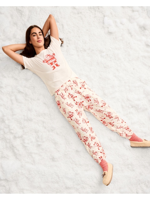High-Waisted Printed Flannel Pajama Jogger for Women - Santa And Reindeer (Match The Fam!)