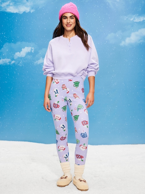 High-Waisted Printed Waffle Pajama Leggings for Women - Purple Mugs (Match The Fam!)
