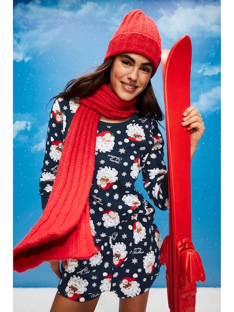 Scoop-Neck Waffle Pajama Top for Women - Jolly Santa (Match The Fam!)