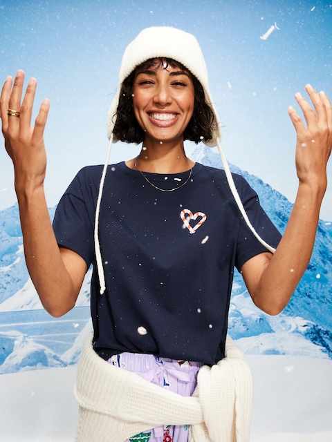 Holiday-Graphic Crew-Neck T-Shirt for Women - Candy Cane Heart