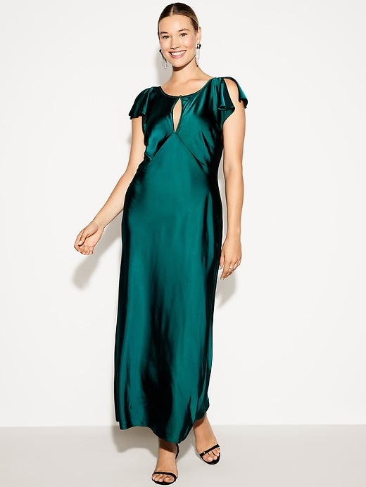 Image number 7 showing, The Occasion by Old Navy Flutter-Sleeve Keyhole Satin Maxi Dress