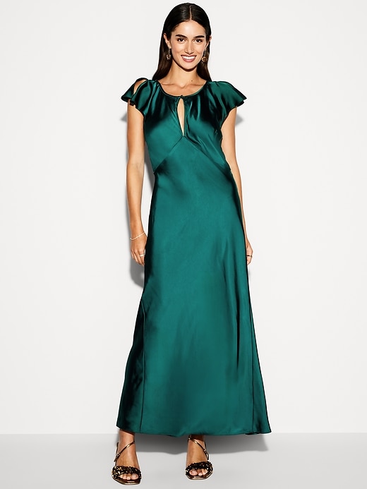 Image number 1 showing, The Occasion by Old Navy Flutter-Sleeve Keyhole Satin Maxi Dress