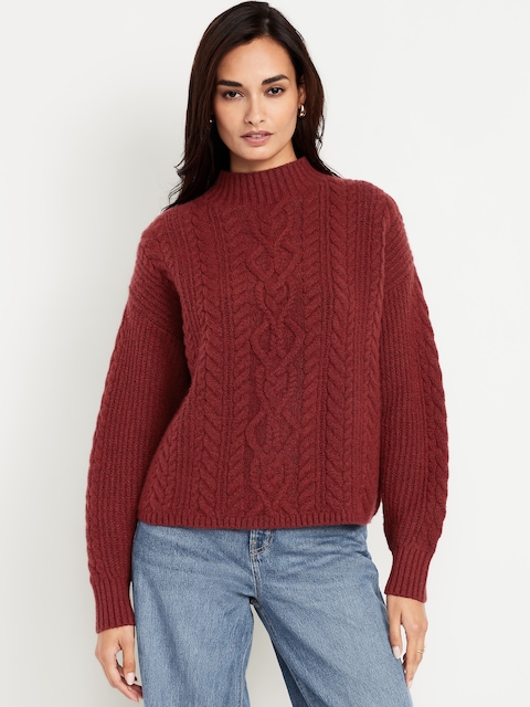SoSoft Cropped Mock-Neck Cable Sweater - Umber Earth