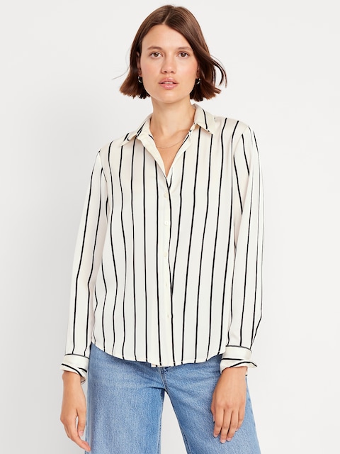 Satin Button-Down Shirt - Black/White Stripe