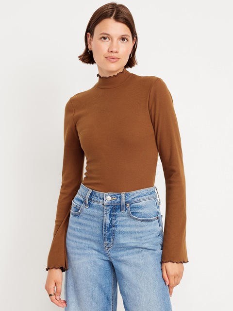 Mock-Neck Lettuce-Edge Rib Top - Nomadic Trail