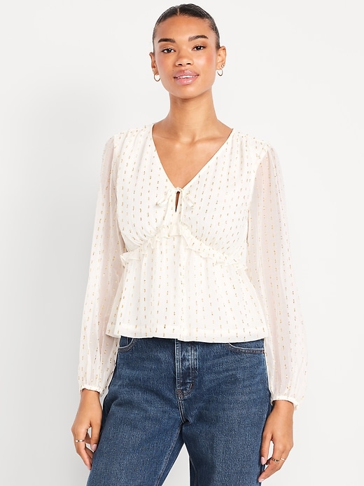 Image number 1 showing, Waist-Defined Ruffle-Trim Clip-Dot Top