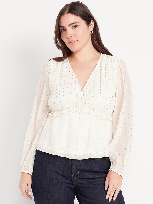 Image number 4 showing, Waist-Defined Ruffle-Trim Clip-Dot Top