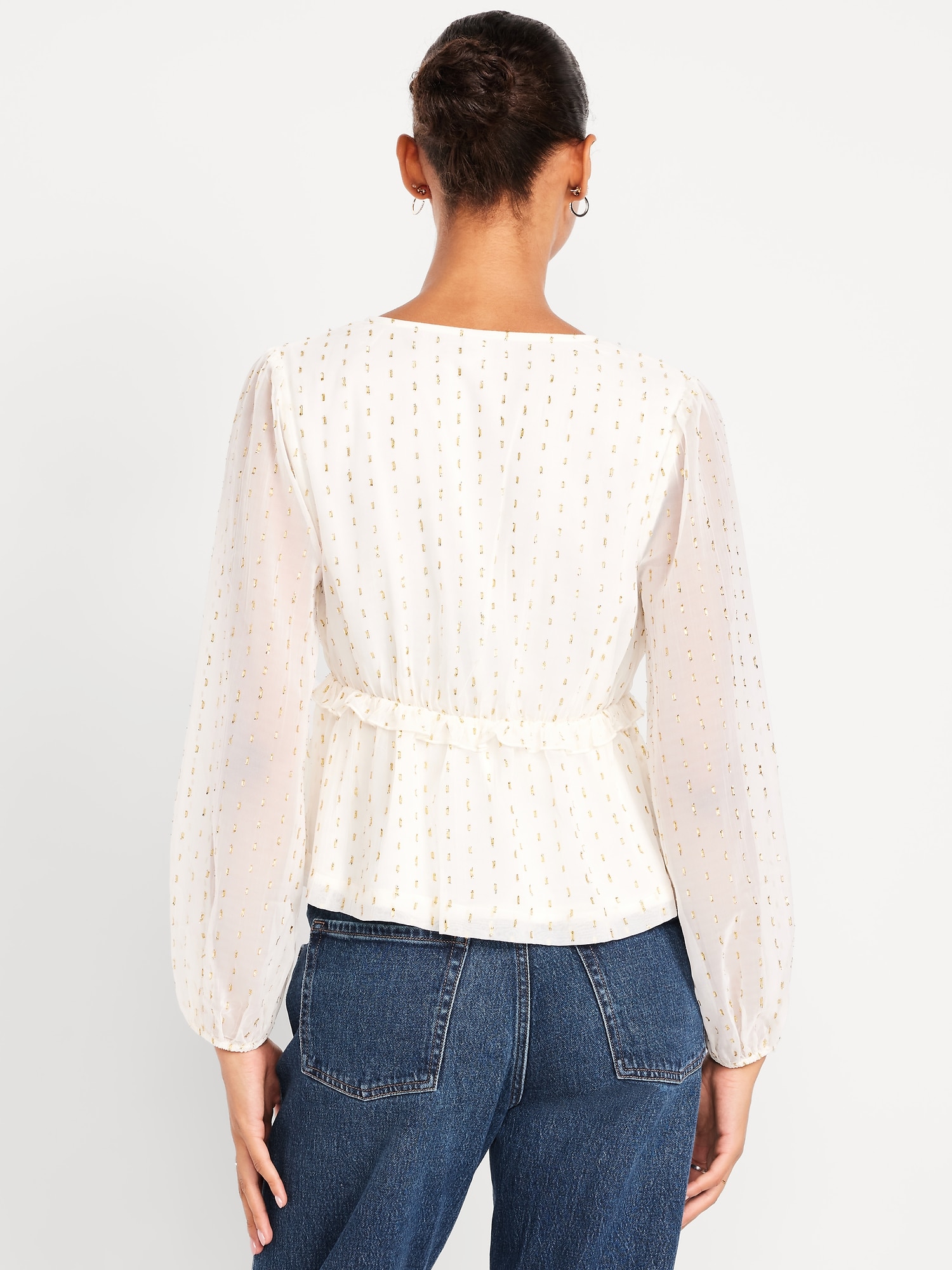 Waist-Defined Ruffle-Trim Clip-Dot Top