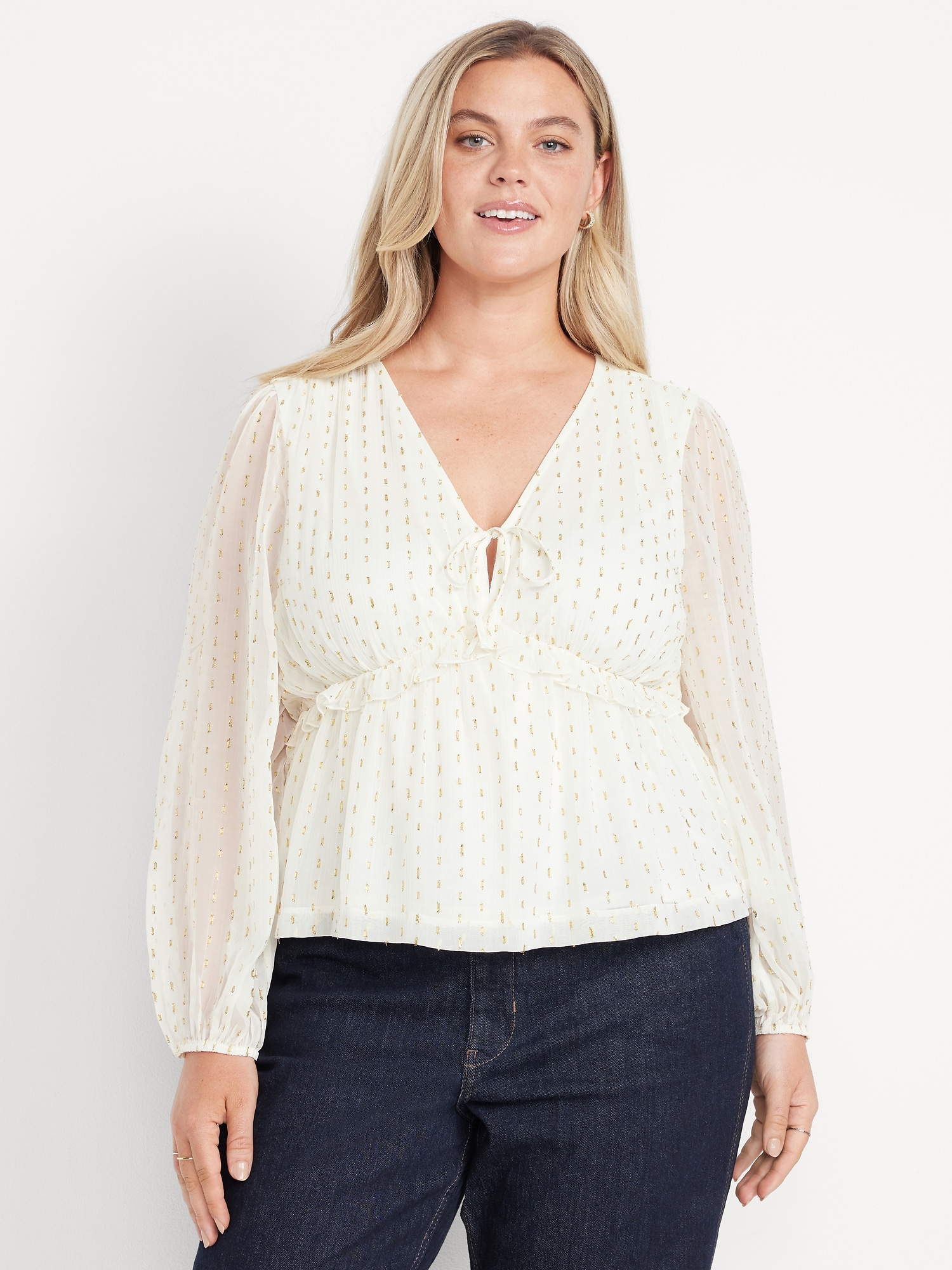 Waist-Defined Ruffle-Trim Clip-Dot Top
