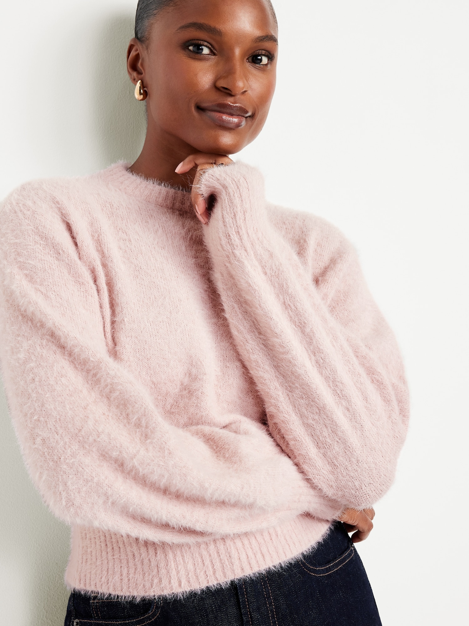 Cropped Crew-Neck Eyelash Sweater