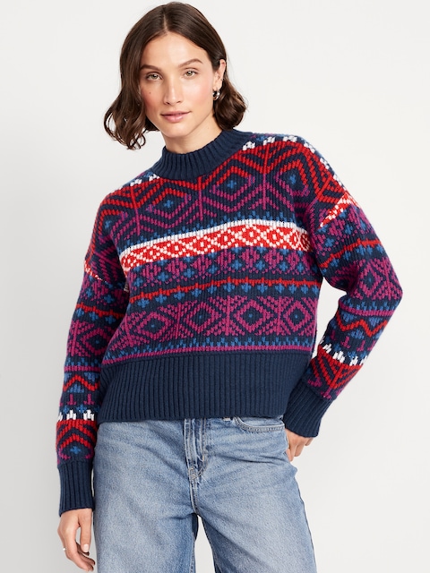 SoSoft Mock-Neck Fair Isle Sweater - Cool Fair Isle