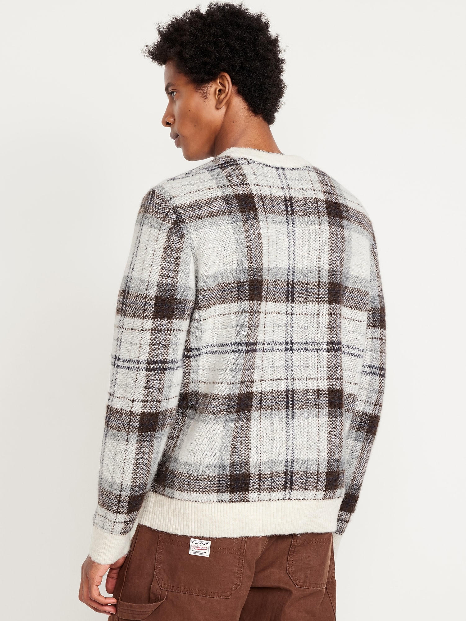 Wool-Blend V-Neck Plaid Sweater