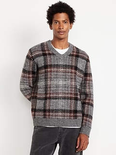Wool-Blend V-Neck Plaid Sweater