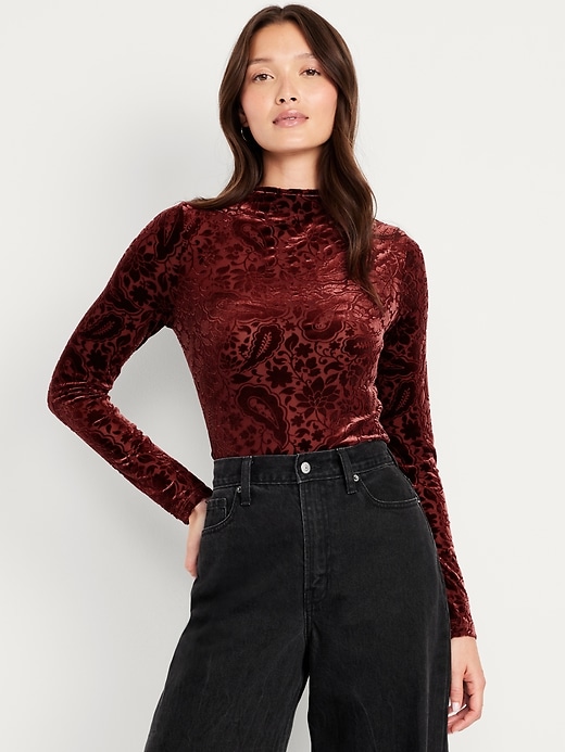 Image number 1 showing, Mock-Neck Long-Sleeve Velvet Top