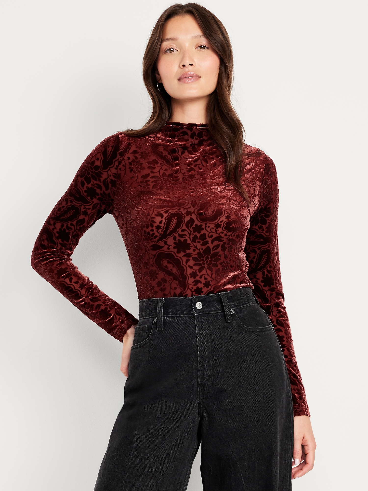 Mock-Neck Long-Sleeve Velvet Top