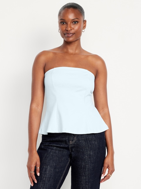 Ponte-Knit Cropped Peplum Tube Top - Contrail
