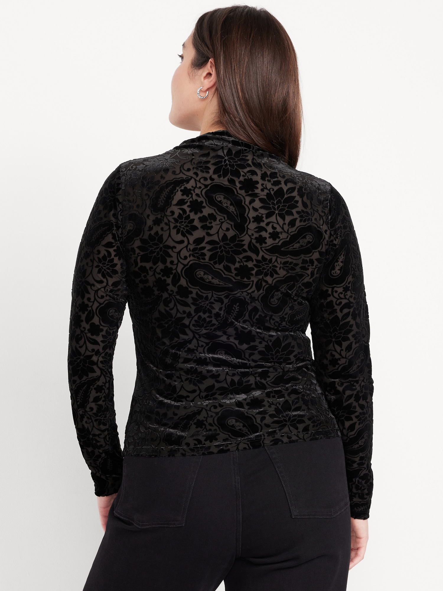 Mock-Neck Long-Sleeve Velvet Top