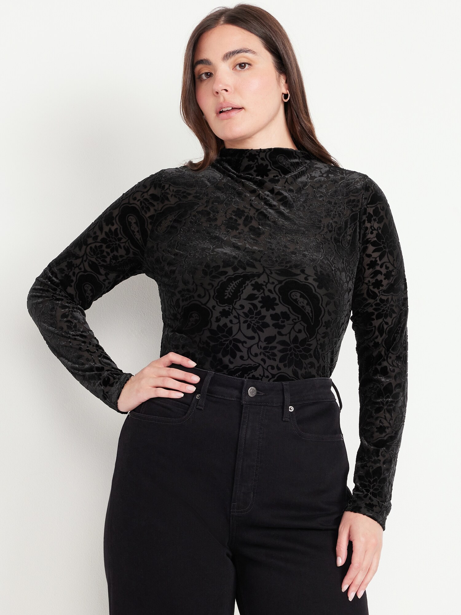 Mock-Neck Long-Sleeve Velvet Top