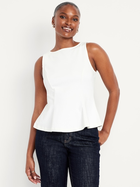Ponte-Knit Sleeveless Peplum Top - Sea Salt