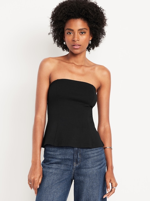 Ponte-Knit Cropped Peplum Tube Top - Black Jack
