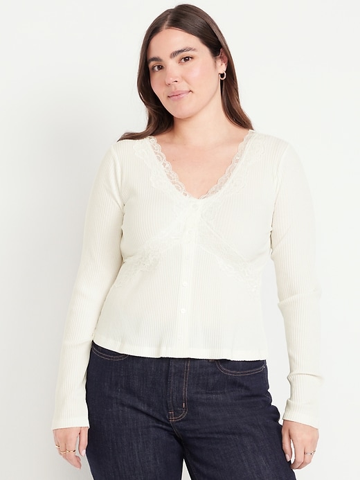 Image number 6 showing, Lace-Trim V-Neck Ribbed Top