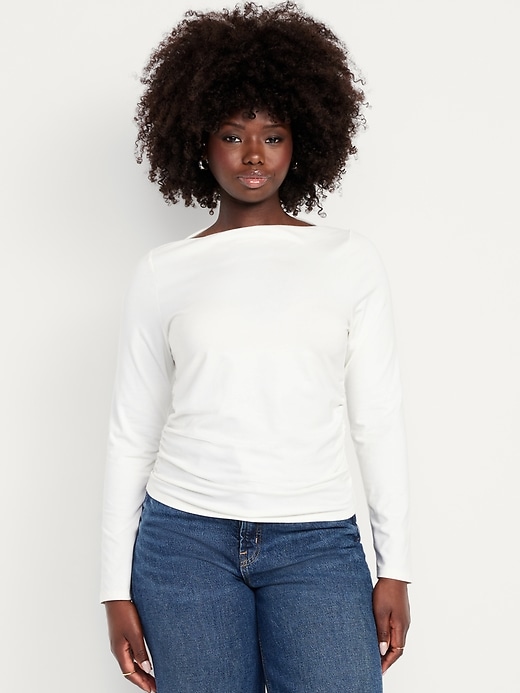 Image number 5 showing, Long-Sleeve Slit-Neck Ruched Top