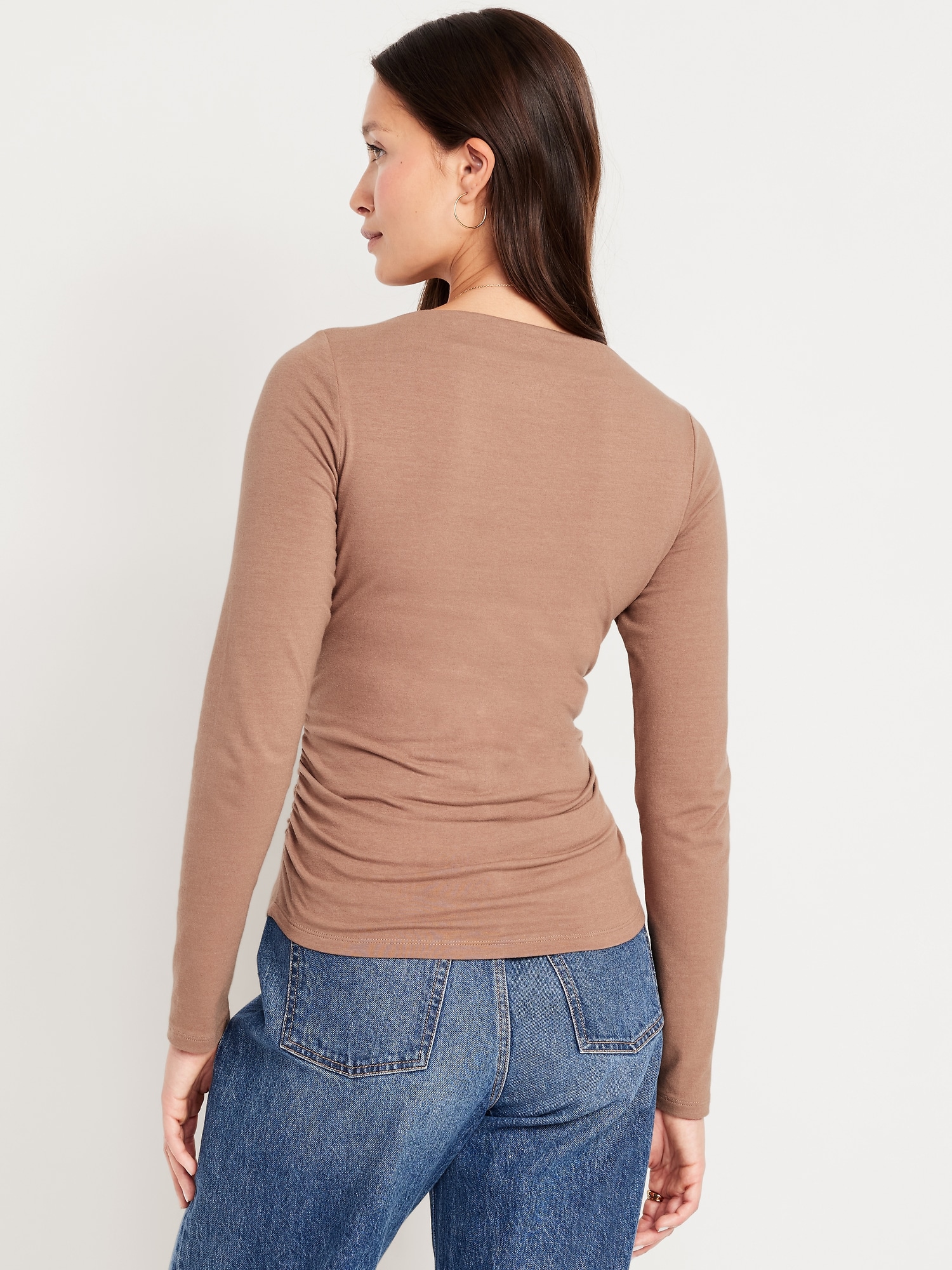 Long-Sleeve Slit-Neck Ruched Top