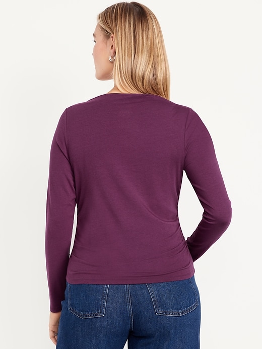 Image number 6 showing, Long-Sleeve Slit-Neck Ruched Top