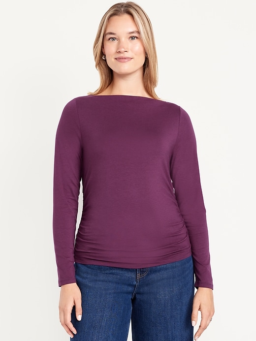 Image number 5 showing, Long-Sleeve Slit-Neck Ruched Top