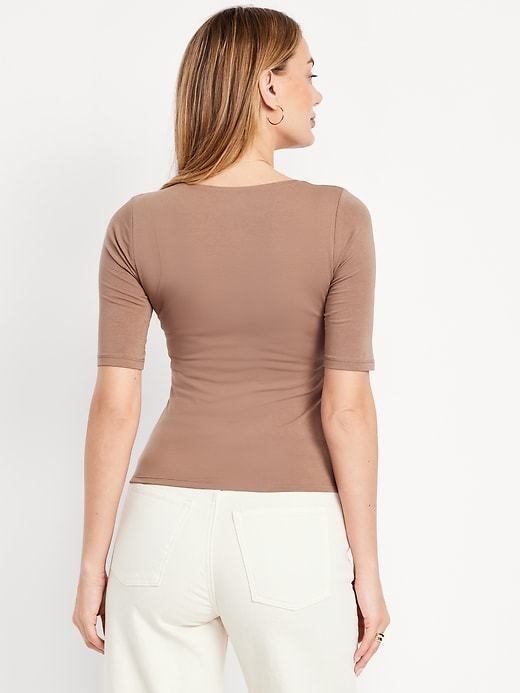 Image number 2 showing, Fitted Double-Layer Elbow-Sleeve Scoop-Neck Top