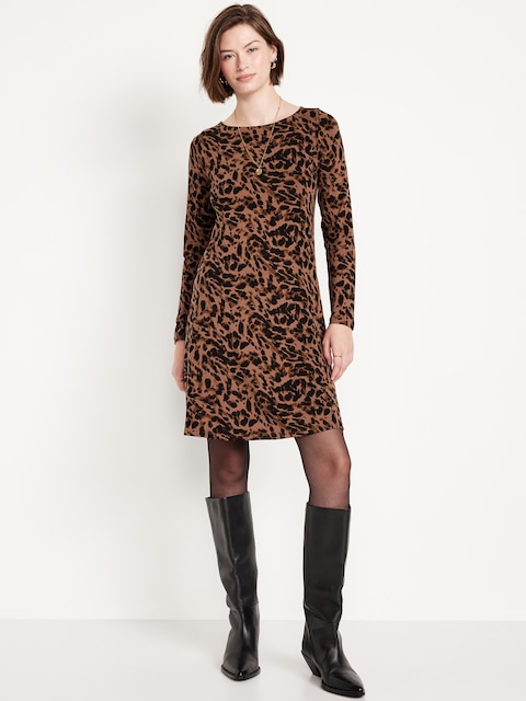 Long-Sleeve Mini Swing Dress - Brown Leopard