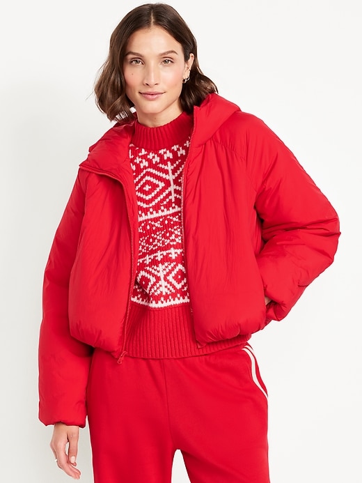 Image number 1 showing, Water-Resistant Cropped Zip Puffer Jacket