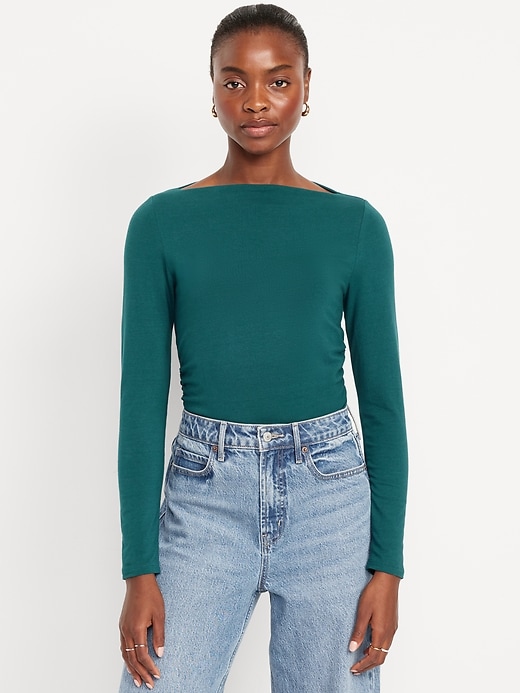 Image number 1 showing, Long-Sleeve Slit-Neck Ruched Top