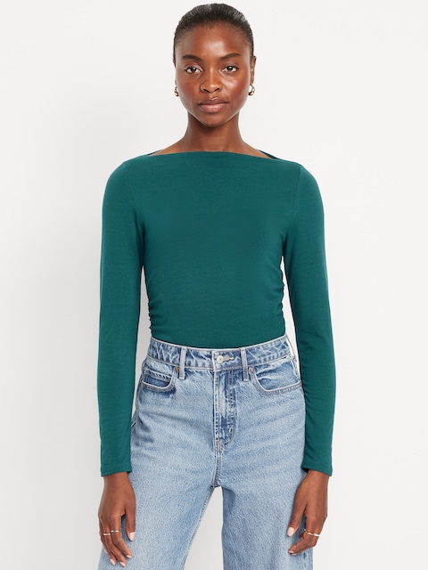Long-Sleeve Slit-Neck Ruched Top