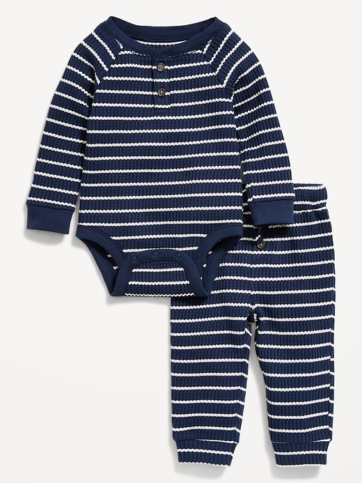 Image number 1 showing, Long-Sleeve Thermal-Knit Henley Bodysuit and Pants Set for Baby