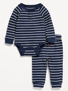 Long-Sleeve Thermal-Knit Henley Bodysuit and Pants Set for Baby