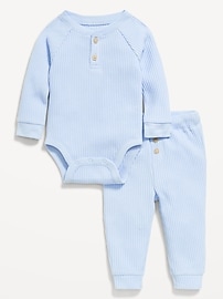 Image number 1 showing, Long-Sleeve Thermal-Knit Henley Bodysuit and Pants Set for Baby