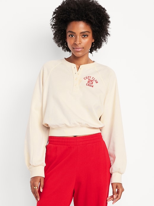 Image number 1 showing, SoComfy Oversized Button-Front Graphic Sweatshirt
