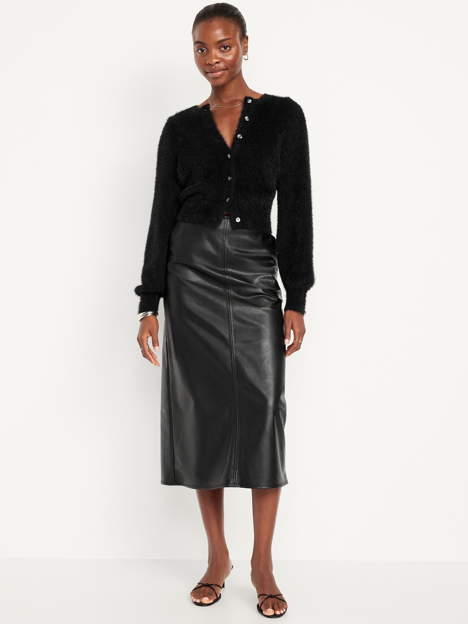 High-Waisted Faux-Leather Midi Skirt