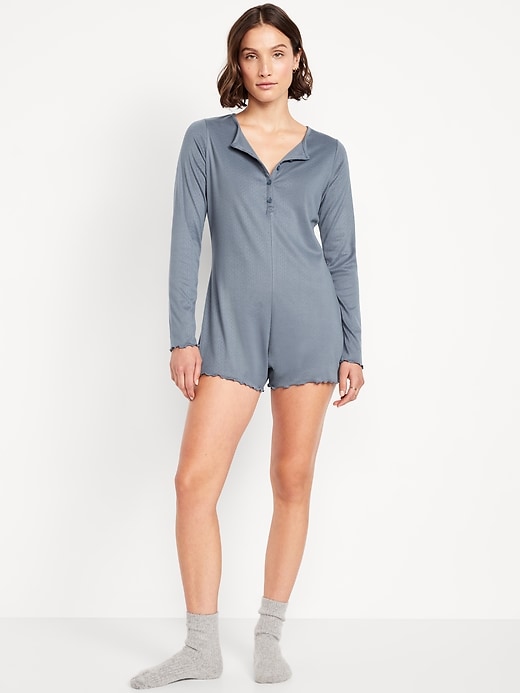 Image number 1 showing, Long-Sleeve Pointelle Henley Pajama Romper