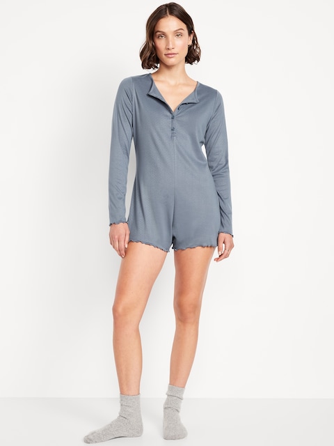 Long-Sleeve Pointelle Henley Pajama Romper