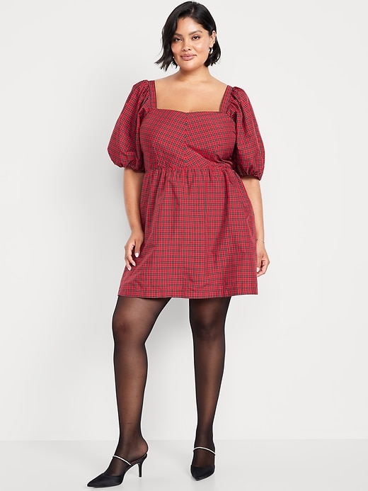 Image number 9 showing, Puff-Sleeve Plaid Fit & Flare Taffeta Mini Dress