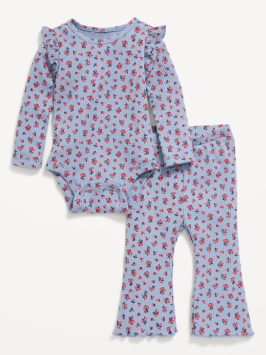 Image number 1 showing, Printed Ribbed Ruffle-Trim Bodysuit and Pants Set for Baby