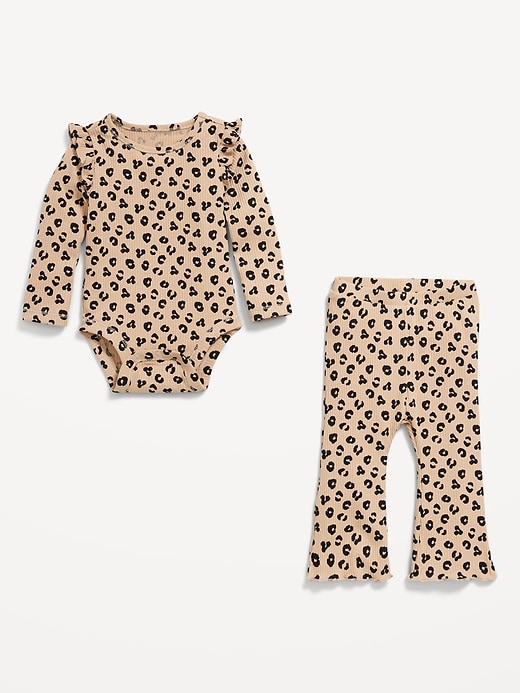 Image number 2 showing, Printed Ribbed Ruffle-Trim Bodysuit and Pants Set for Baby