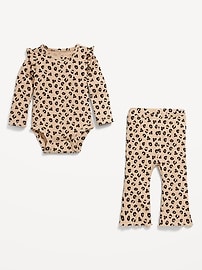 Image number 2 showing, Printed Ribbed Ruffle-Trim Bodysuit and Pants Set for Baby