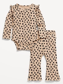 Image number 1 showing, Printed Ribbed Ruffle-Trim Bodysuit and Pants Set for Baby