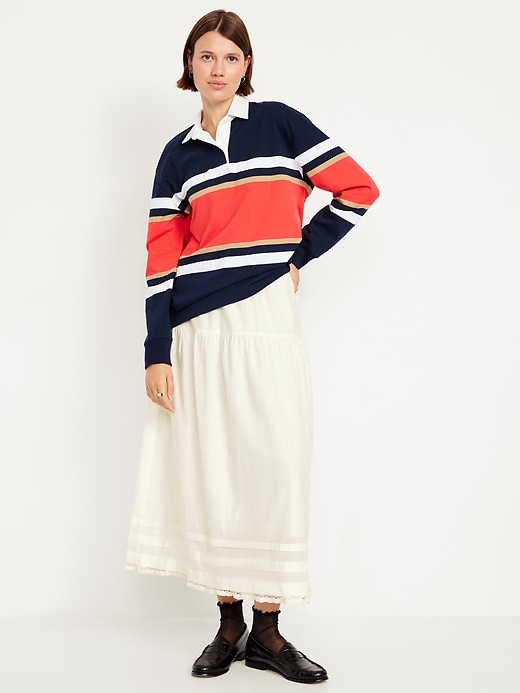 Image number 1 showing, High-Waisted Tiered A-Line Maxi Skirt
