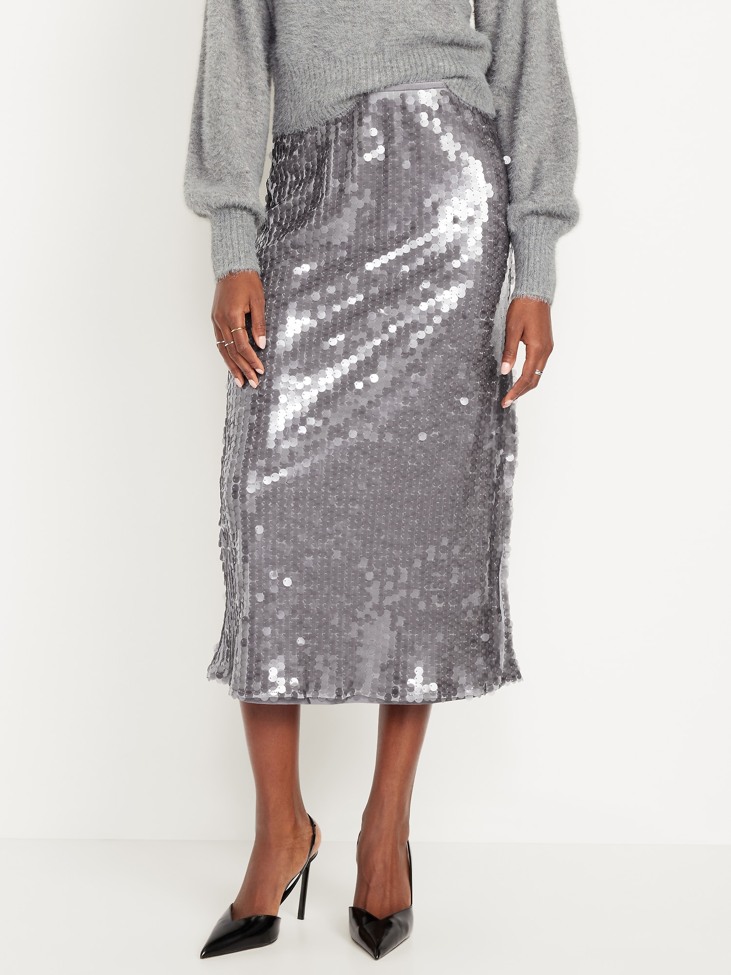 High-Waisted Sequin Midi Pencil Skirt
